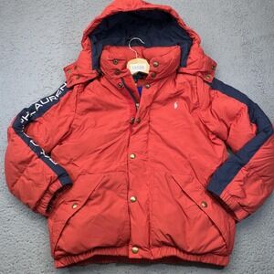 Polo Ralph Lauren Jacket Boys 14-16 Red Puffer Hooded Down Zip Taffeta